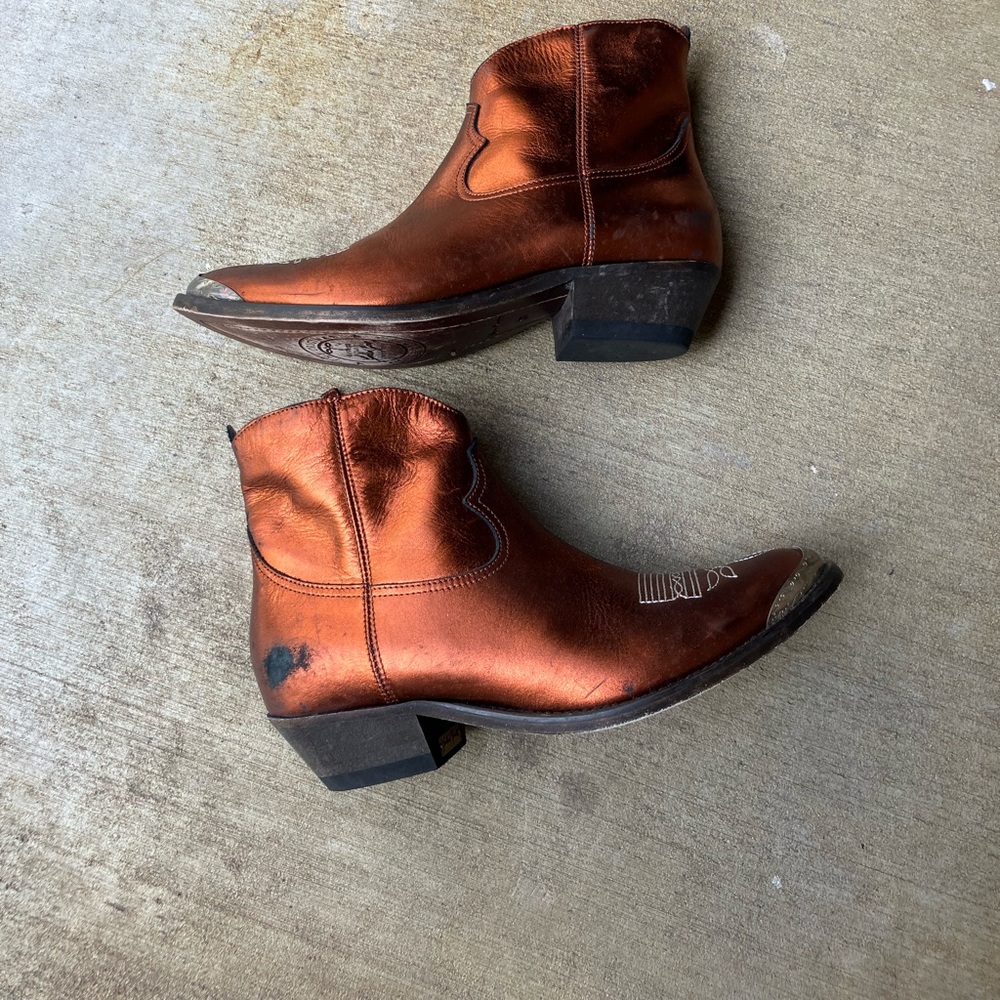 Golden Goose Young Leather Zip Cowboy Ankle Boots, Metallic Bronze, US 8/38 EU - Picture 2 of 9